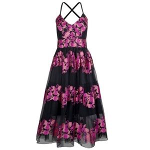 CHRISTIAN SIRIANO Embroidered Floral Spaghetti Strap V Neck Fit & Flare Dress